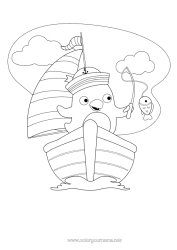Colouring to customise Fishing Summer Sea Vehicles Penguin, Tuxedo Animal Boat Sailboat Intermediate Colouring Sheets Birds And Flying Mammals Marine Vehicles