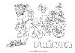 Coloriage gratuit Cadeaux Anniversaire Licorne Coloriages intermédiaires Joyeux anniversaire (français) Message Dragons, licornes et animaux fantastiques