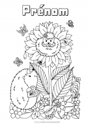 Coloriage gratuit Fleurs Hérisson Été Papillon Tournesol Insectes Animaux de la forêt