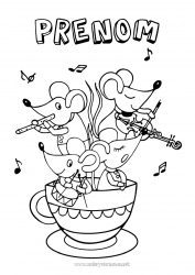 Coloriage à personnaliser Souris Tasse Musique Conte de fées Boisson Animaux de la forêt Fête de la musique Instruments de musique Flûte Violon