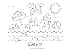 Free drawing Summer Beach Palm Intermediate coloring pages Sandcastle Parasol, Beach umbrella Beach ball Beach bucket Games and toys