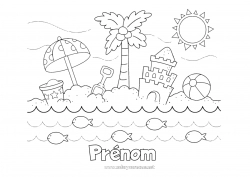 Coloriage à personnaliser Été Plage Palmier Coloriages intermédiaires Château de sable Parasol Ballon de plage Seau de plage Jeux et jouets