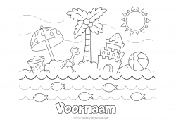 Gratis tekening Zomer Strand Palmboom Intermediaire kleurplaten Zandkasteel Parasol Strandbal Strandemmertje Spellen en speelgoed