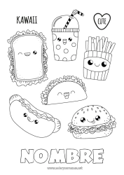 Colorear gratis Lindo Kawaii Alimento Bebidas Soda Dibujos intermedios para colorear Hamburguesa Sándwich