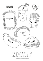 Desenho para personalizar Fofo Kawaii Comida Bebida Refrigerante Colorações Intermediárias Hambúrguer Sanduíche