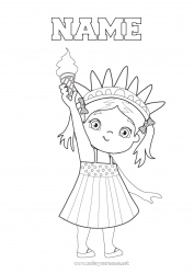 Free coloring Girl USA Statue of Liberty Flag Treats Ice cream 4th July Monument