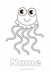 Free coloring Cute Kawaii Summer Jellyfish Animal Easy coloring pages Marine or aquatic animals