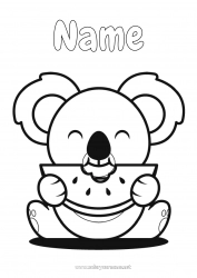 Coloring to customize Cute Kawaii Food Animal Koala Fruits Easy coloring pages Other animals of the world Watermelon