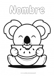 Colorear gratis Lindo Kawaii Alimento Animales Koala Frutas Dibujos fáciles para colorear Otros animales del mundo Sandía