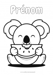 Coloriage à personnaliser Mignon Kawaii Nourriture Animal Koala Fruits Coloriages faciles Autres animaux du monde Pastèque