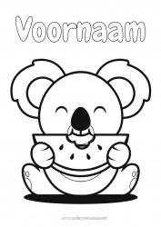 Gratis kleurplaat Schattig Kawaii Voedsel Dier Koala Fruit Eenvoudige kleurplaten Andere dieren van de wereld Watermeloen