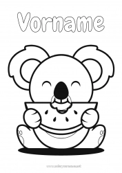 Malvorlage anpassen Niedlich Kawaii Essen Tier Koala Früchte Einfache Ausmalbilder Andere Tiere der Welt Wassermelone