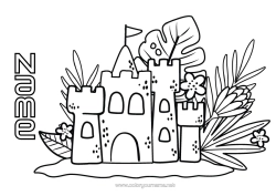 Free colouring Summer Beach Intermediate colouring sheets Hibiscus Sandcastle