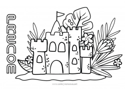 Coloriage gratuit Été Plage Coloriages intermédiaires Hibiscus Château de sable