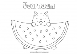 Gratis kleurplaat Kat Kawaii Voedsel Fruit Eenvoudige kleurplaten Honden en katten Watermeloen