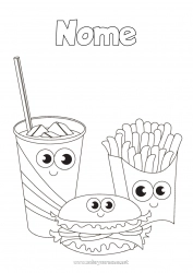 Desenho para personalizar Kawaii Comida Bebida Refrigerante Hambúrguer Batatas fritas