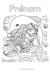 Coloriage à personnaliser Mignon Princesse Mer Animal Dauphin Sirène Conte de fées Coquillages Animaux marins ou aquatique Câlin