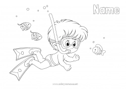 Free coloring Boy Summer Beach Sea Fish Marine or aquatic animals Diving Nautical sports