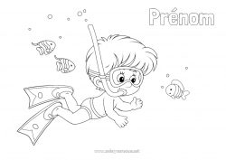 Coloriage gratuit Sport Garçon Été Plage Mer Poisson Animaux marins ou aquatique Plongée Maillot de bain Sports nautiques
