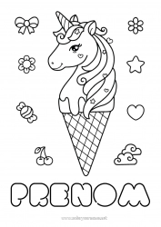 Dessin gratuit Kawaii Licorne Gourmandises, sucreries Glace Coloriages intermédiaires Dragons, licornes et animaux fantastiques