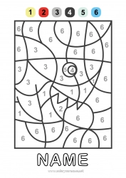 Free drawing Number Summer Coloring by numbers Animal Shark Marine or aquatic animals
