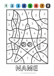 Free drawing Number Summer Sea Coloring by numbers Starfish Marine or aquatic animals