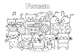 Farvelægningssiden tilpasning Kat Kawaii Dyr Musik Hunde og katte Musikfest