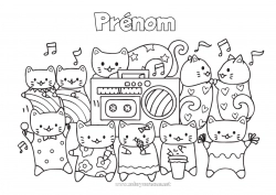 Coloriage gratuit Chat Kawaii Animal Musique Chiens et chats Fête de la musique
