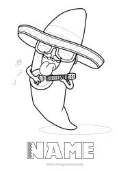 Colouring to customise Music Hat Fifth Of May Music Day Guitar Musical Instruments Sombrero Chilli