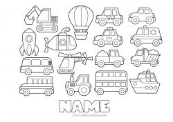 Free coloring Rocket Vehicles Car Boat Hot air balloon Bus, coach Police Helicopter Ambulance Easy coloring pages Police vehicles Van Submarine Aerial vehicles Maritime vehicles Rescue and Emergency Vehicles Ground public transport Backhoe loader Cars, vans, and motorhomes Construction Jobs Health professions Security Professions