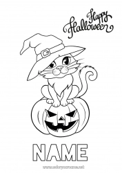 Free drawing Pumpkin Witch Black cat Halloween Jack O'Lantern Dog and cat Inscription 