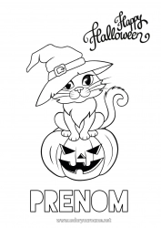 Coloriage à personnaliser Citrouille Sorcière Chat noir Halloween Jack O'Lantern Chiens et chats Inscription "halloween"
