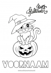 Gratis kleurplaat Pompoen Heks Zwarte kat Halloween Jack O'Lantern Honden en katten Inscriptie 'halloween'