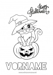 Kostenlose Malvorlage Kürbis Hexe Schwarze Katze Halloween Kürbis Hunde und Katzen Beschriftung 