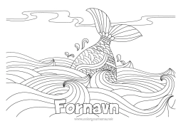 Gratis tegning Mandala Hval Hav Fisk Komplekse fargelegginger Marin eller akvatisk dyr Naturlandskap Bølger