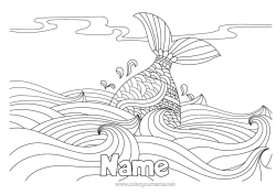 Free colouring Mandala Whale Sea Fish Complex colouring pages Marine or aquatic animals Natural landscape Waves