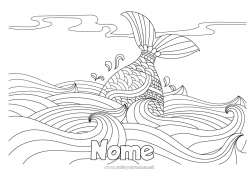 Desenho para personalizar Mandala Baleia Mar Peixe Colorações Complexas Animais marinhos ou aquáticos Paisagem natural Ondas