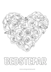 Farvelægningssiden for børn Blomster Hjerte God fest Jeg elsker dig. Stort hjerte Rose Komplekse farvelægninger Realistisk