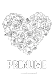Pagină de colorat personalizată Flori Inimă La mulți ani! Te iubesc. Inimă mare Trandafir Desene de colorat complexe Realist