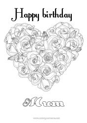 Free colouring Flowers Heart Happy birthday Big heart Rose Realistic