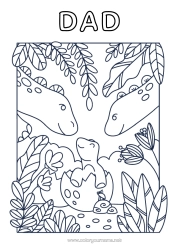 Free colouring Cute Dad Mum Happy birthday Dinosaurs I love you. Animal Baby Family