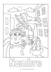Dibujo libre Vehículos Bombero Dibujos intermedios para colorear Camión de bomberos Paisaje urbano Vehículos de rescate y emergencia Profesiones de Seguridad Cartoon Vehículos con personajes