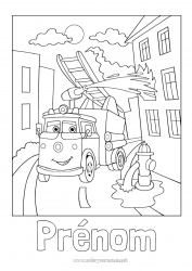 Coloriage gratuit Pompier Coloriages intermédiaires Camion de pompier Paysage de ville Véhicules de secours et d'urgence Métiers de la Sécurité Cartoon Véhicules personnages