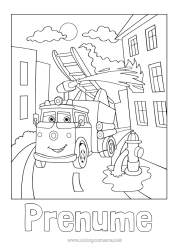 Pagină de colorat personalizată Vehicule Pompier Colorează intermediare Camion de pompieri Peisaj urban Vehicule de salvare și urgență Meserii în domeniul securității Desen animat Vehicule personaje