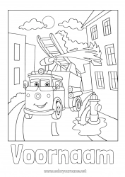 Gratis tekening Brandweerman Intermediaire kleurplaten Brandweerwagen Stadsgezicht Nood- en hulpvoertuigen Veiligheidsberoepen Cartoon Voertuigpersonages