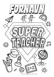 Gratis farvelægning Helt Lærer/Lærerinde Super badge Verdensklode Uddannelsesfag.