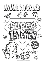 Pagină de colorat pentru copii Erou Învățătoare/Învățător Insignă super Glob pământesc Meserii în educație
