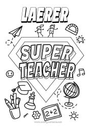 Gratis farvelægning Helt Lærer/Lærerinde Super badge Verdensklode Uddannelsesfag.