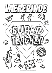 Farvelægningssiden for børn Helt Lærer/Lærerinde Super badge Verdensklode Uddannelsesfag.