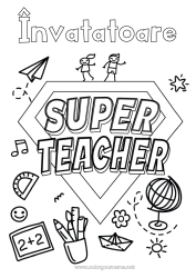 Pagină de colorat pentru copii Erou Învățătoare/Învățător Insignă super Glob pământesc Meserii în educație Avion de hârtie